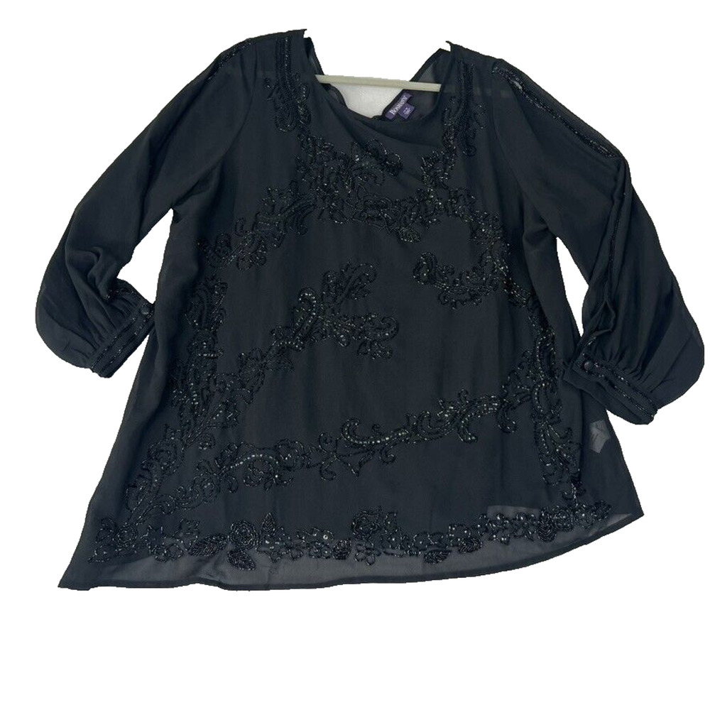 Roamans Blouse Top Womens 22W BLACK Sequin Split Sleeve Plus Size 2 Piece